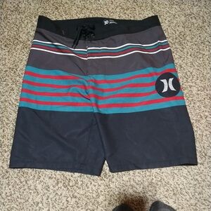 Hurley Men's Black, Teal & Red Striped Board Shorts